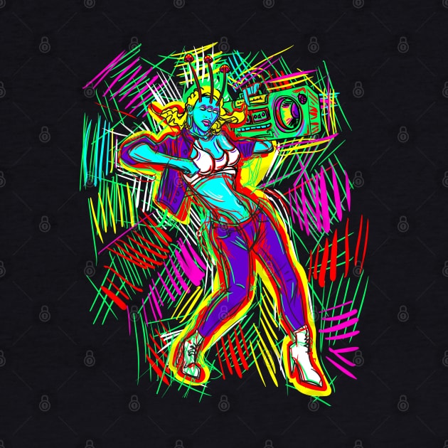 Alien Hip Hop Dancer with Boom Box by eShirtLabs